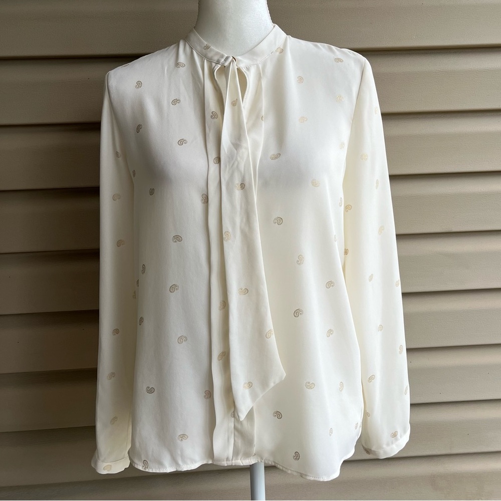 Zara Tie Neck Blouse Women's Size Small S Cream Gold Paisley Print Sheer